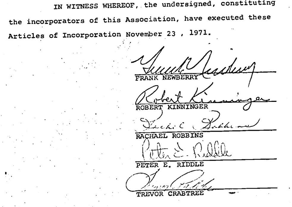 The execution block of the Articles of Incorporation, dated November 23, 1971: five signatures over typed names — Frank Newberry, Robert Kinninger, Rachael Robbins, Peter E. Riddle and Trevor Crabtree.