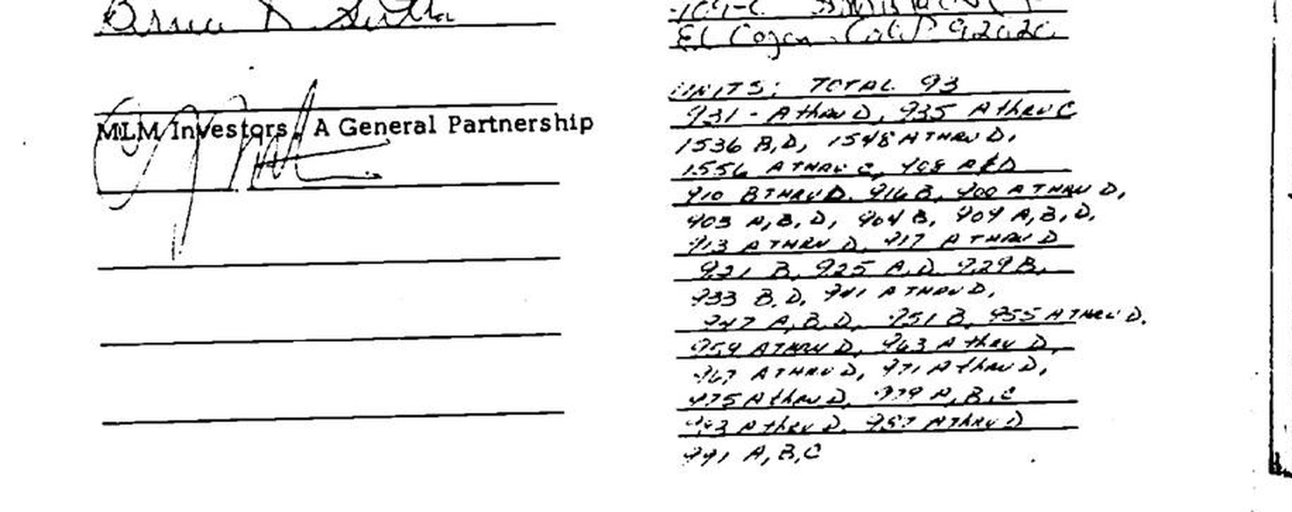 A handwritten consent block from page 27 of the Restated Declaration. On the left, a signature struck across the typed line reading MLM Investors, A General Partnership. On the right, in the addresses column, the heading UNITS: TOTAL 93 followed by fifteen handwritten lines of street numbers and unit letters.