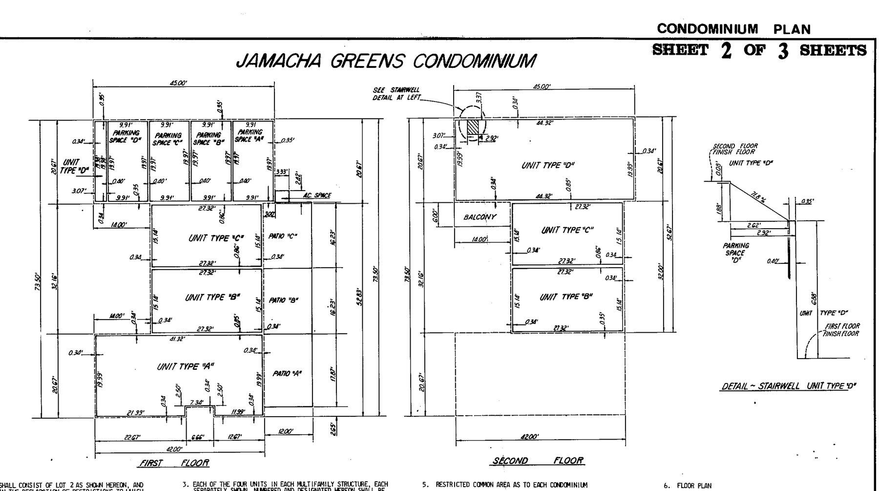 Architectural drawing. At left, the first floor of a four-unit building: Unit Type A across the bottom with Patio A, Types B and C stacked above with their patios, Type D at the top, and a row of four parking spaces lettered D, C, B and A with an air-conditioner space beside them. At centre, the second floor: Type D across the top with a balcony, Types C and B below. At right, a section detail of the stairwell to Unit Type D. Every room and space is dimensioned in feet.