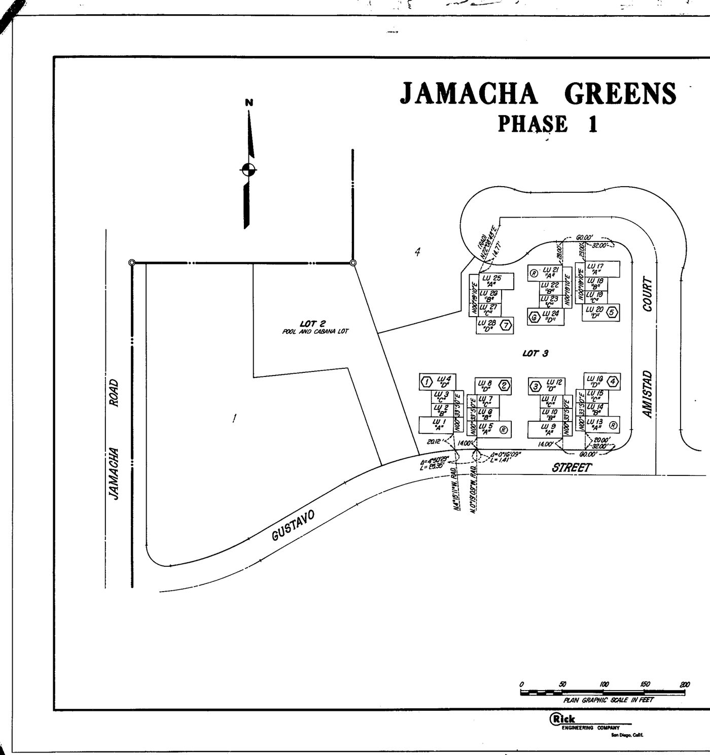 Site plan of Lot 3, bounded by Amistad Court, Gustavo Street and Jamacha Road. Seven buildings are numbered in hexagons, each unit lettered LU with its number and type. Lot 2, the open parcel to the west, is lettered POOL AND CABANA LOT.