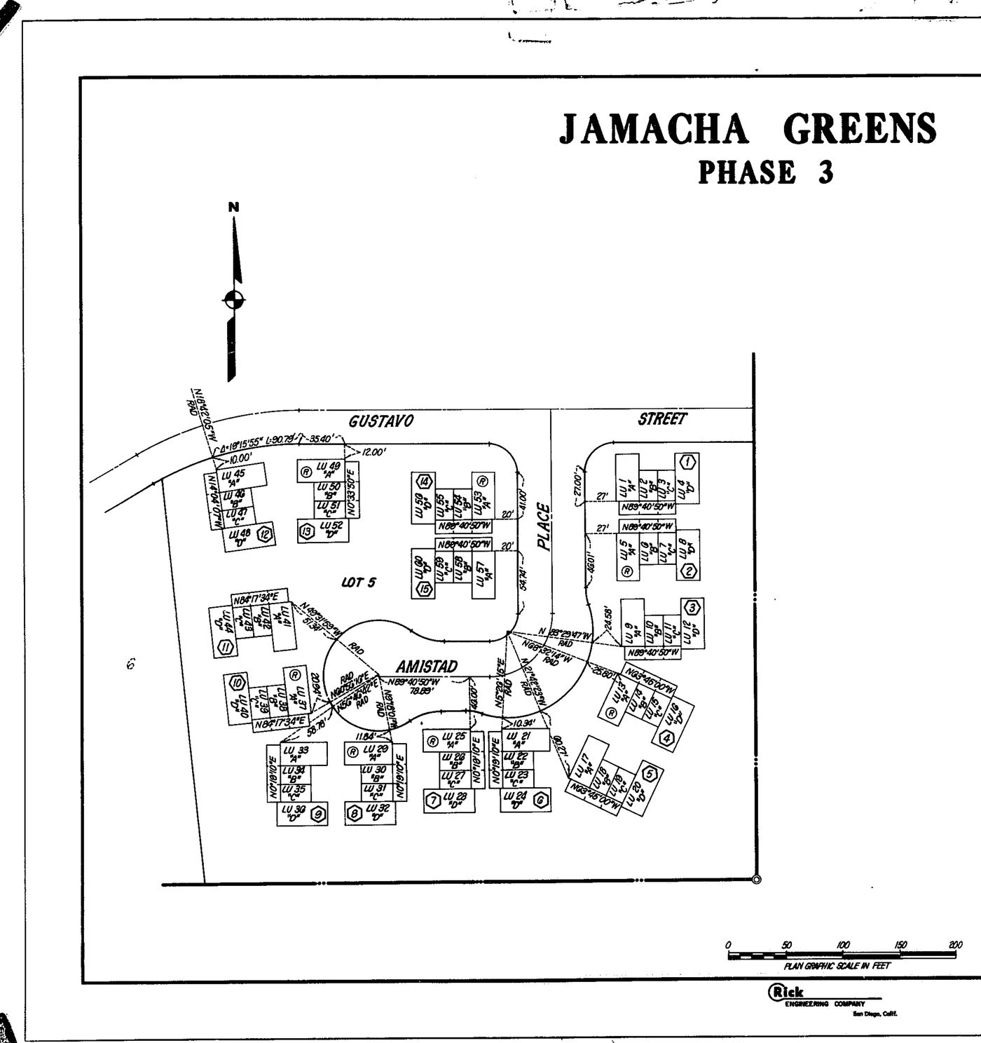 Site plan of Lot 5, either side of Amistad Place below Gustavo Street. Fifteen buildings are numbered in hexagons, each unit lettered LU with its number and type.