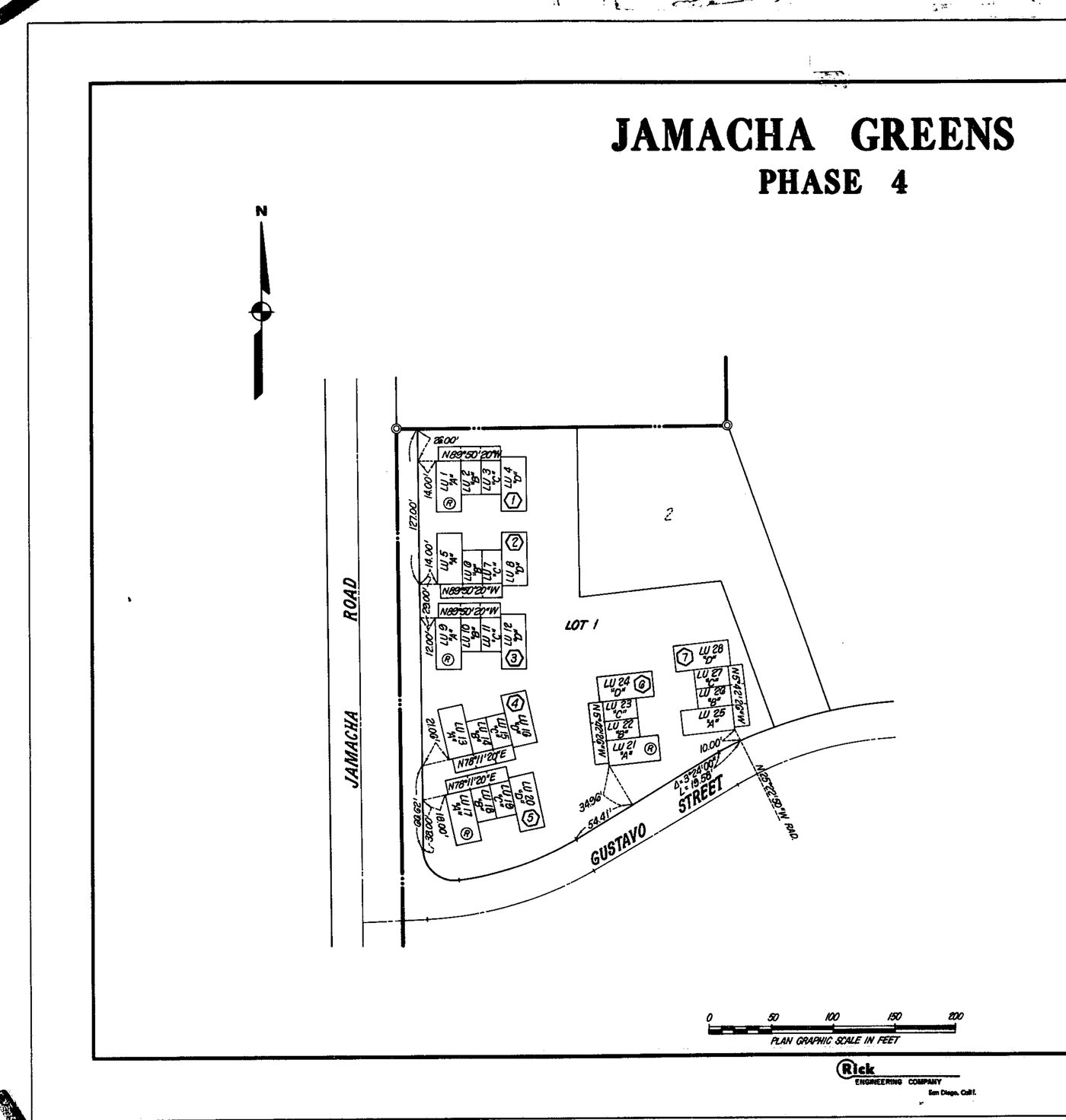 Site plan of Lot 1, the strip along Jamacha Road north of Gustavo Street. Seven buildings are numbered in hexagons, each unit lettered LU with its number and type.