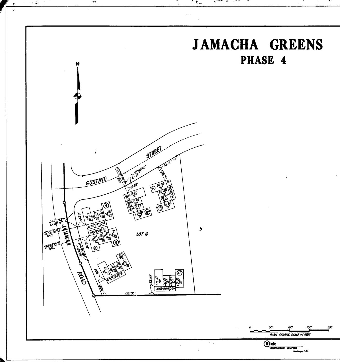 Site plan of Lot 6, at the corner where Gustavo Street meets Jamacha Road. Six buildings are numbered in hexagons, continuing the Phase 4 sequence at eight, each unit lettered LU with its number and type.