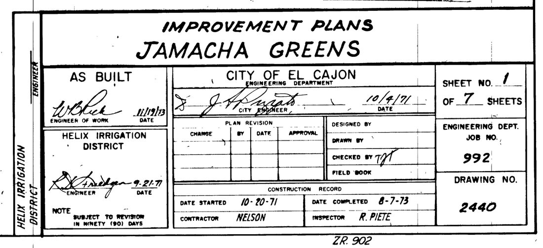 The title block of an engineering drawing. It reads IMPROVEMENT PLANS, JAMACHA GREENS, AS BUILT, City of El Cajon Engineering Department, sheet 1 of 7, drawing no. 2440, job no. 992, with a construction record giving 10-20-71 as the date started and 8-7-73 as the date completed.