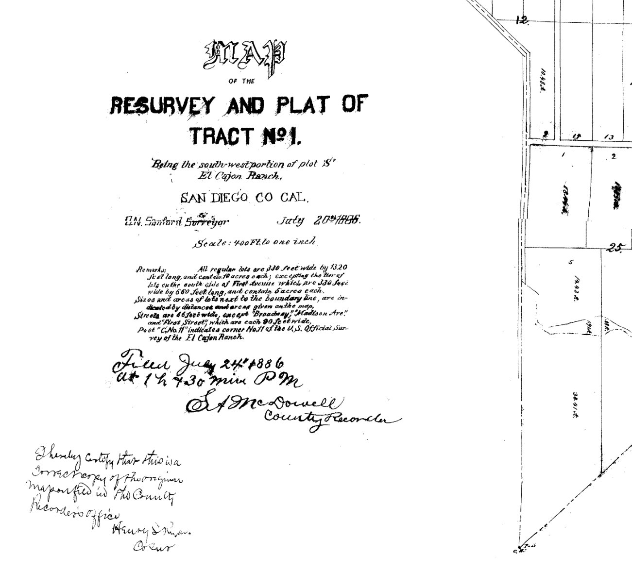 The title panel of Map No. 355, hand-lettered: MAP of the RESURVEY AND PLAT OF TRACT No. 1, Being the south-west portion of plot S, El Cajon Ranch, San Diego Co Cal. O. N. Sanford Surveyor, July 20th 1886. Scale 400 Ft. to one inch. Below it a Remarks paragraph in a fine script hand, and below that the Recorder's filing line and signature.