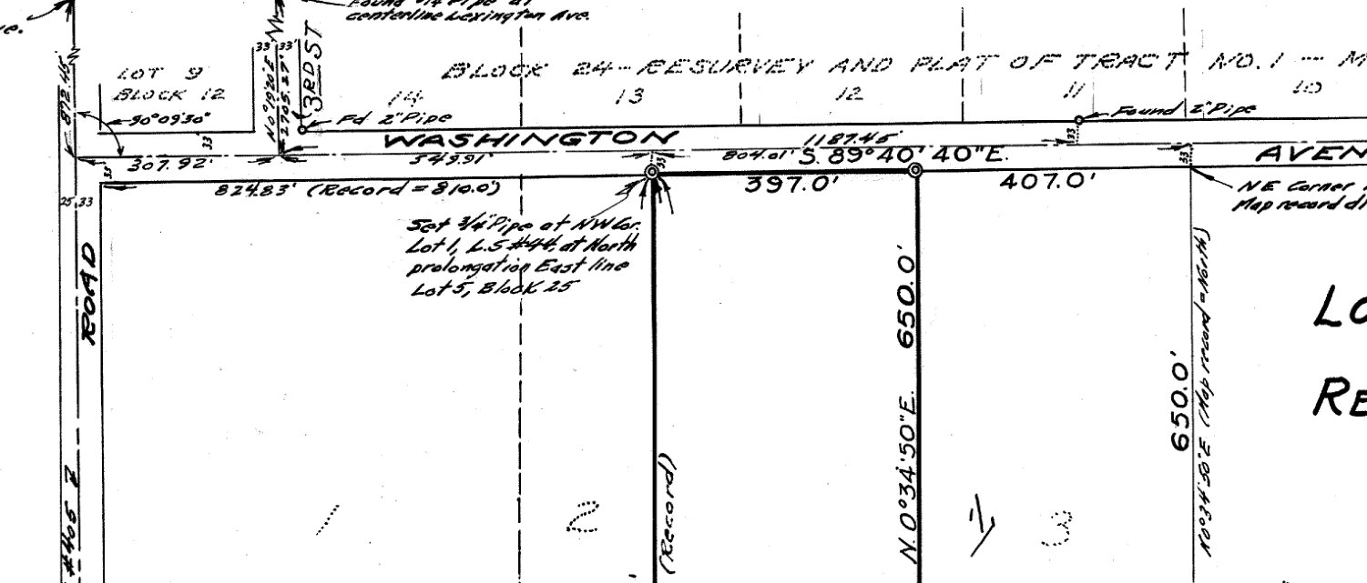 The north-west corner of Record of Survey No. 1096. Washington Avenue runs across the sheet with Jamacha Road down the left edge. The first dimension along the avenue reads 824.83 feet, with the words Record equals 810.0 in brackets beneath it, then 397.0 and 407.0 feet. An arrow points to the corner beside a handwritten note: Set three-quarter inch Pipe at N.W. Cor. Lot 1, L.S. number 44, at North prolongation East line Lot 5, Block 25. Above the avenue, the outlined lettering BLOCK 24, RESURVEY AND PLAT OF TRACT NO. 1, MAP 355.
