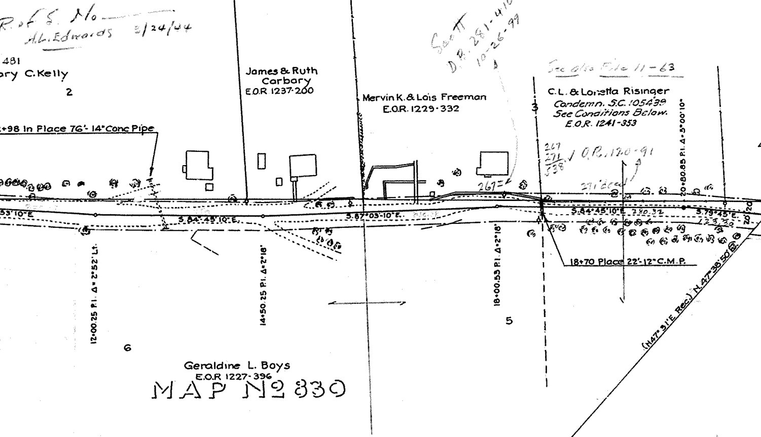 Part of the plan sheet of Road Survey No. 847. Above the road line, four owner names are lettered over their parcels, each with a deed reference beneath it: Chas. F. and Rosemary C. Kelly, E.O.R. 1249-481; James and Ruth Carbary, E.O.R. 1237-200; Mervin K. and Lois Freeman, E.O.R. 1229-332; and C. L. and Loretta Risinger, E.O.R. 1241-353, with a note reading Condemn. S.C. 105439, See Conditions Below. Below the road, Geraldine L. Boys, E.O.R. 1227-396, over the large outlined words MAP No 830. Small squares beside the road are houses and outbuildings.