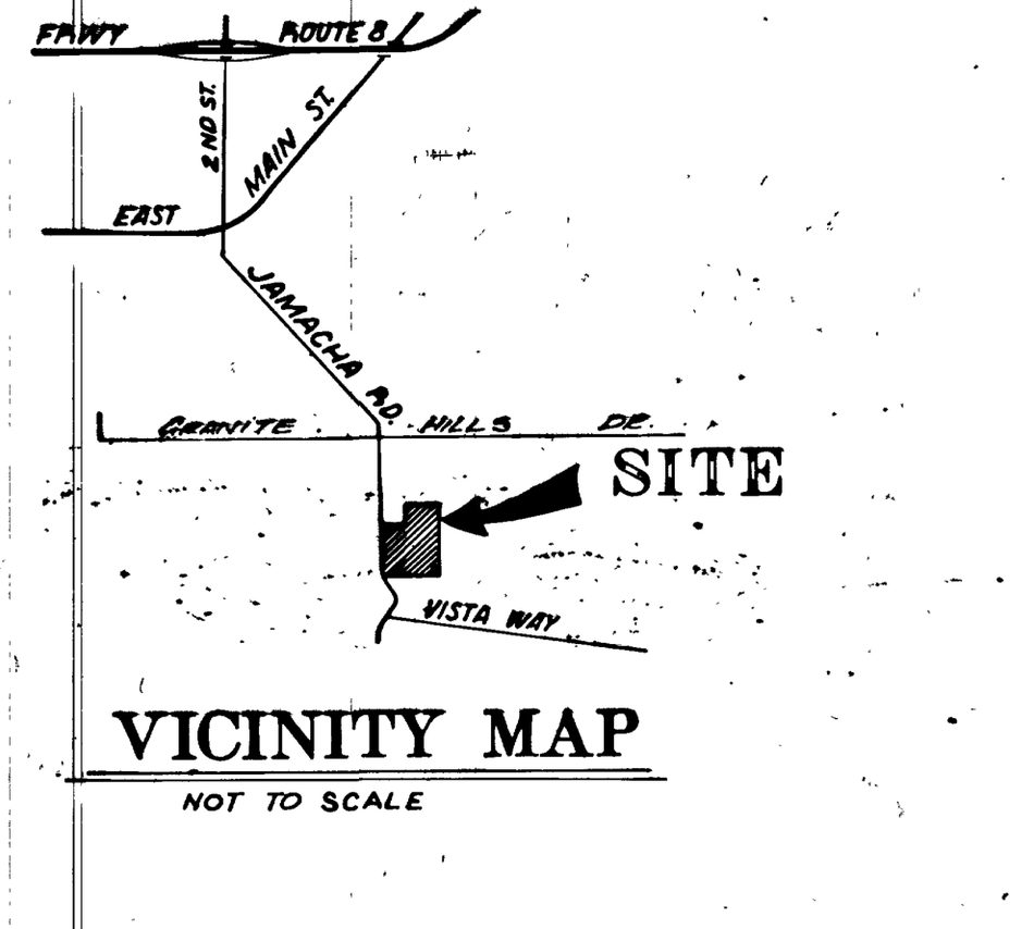 A hand-drawn locator map, not to scale. Jamacha Road runs south from Main Street near Route 8; Granite Hills Drive crosses it, and an arrow labelled SITE points to a hatched block just south of that crossing.