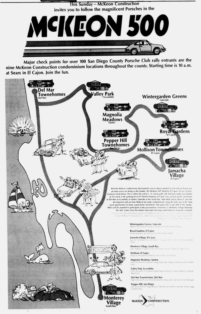 A half-page newspaper advertisement headed MCKEON 500 in heavy block capitals, with a Porsche speeding beneath it. Below, a cartoon map of San Diego County traced by a rally route, with nine McKeon condominium developments drawn as little buildings and labeled: Del Mar Townehomes, Valley Park, Wintergarden Greens, Magnolia Meadows, Royal Gardens, Pepper Hill Townehomes, Mollison Townehomes, Jamacha Village and Monterey Village. Cartoon spectators, sailboats and a whale fill the margins. A column of driving directions runs down the right side.