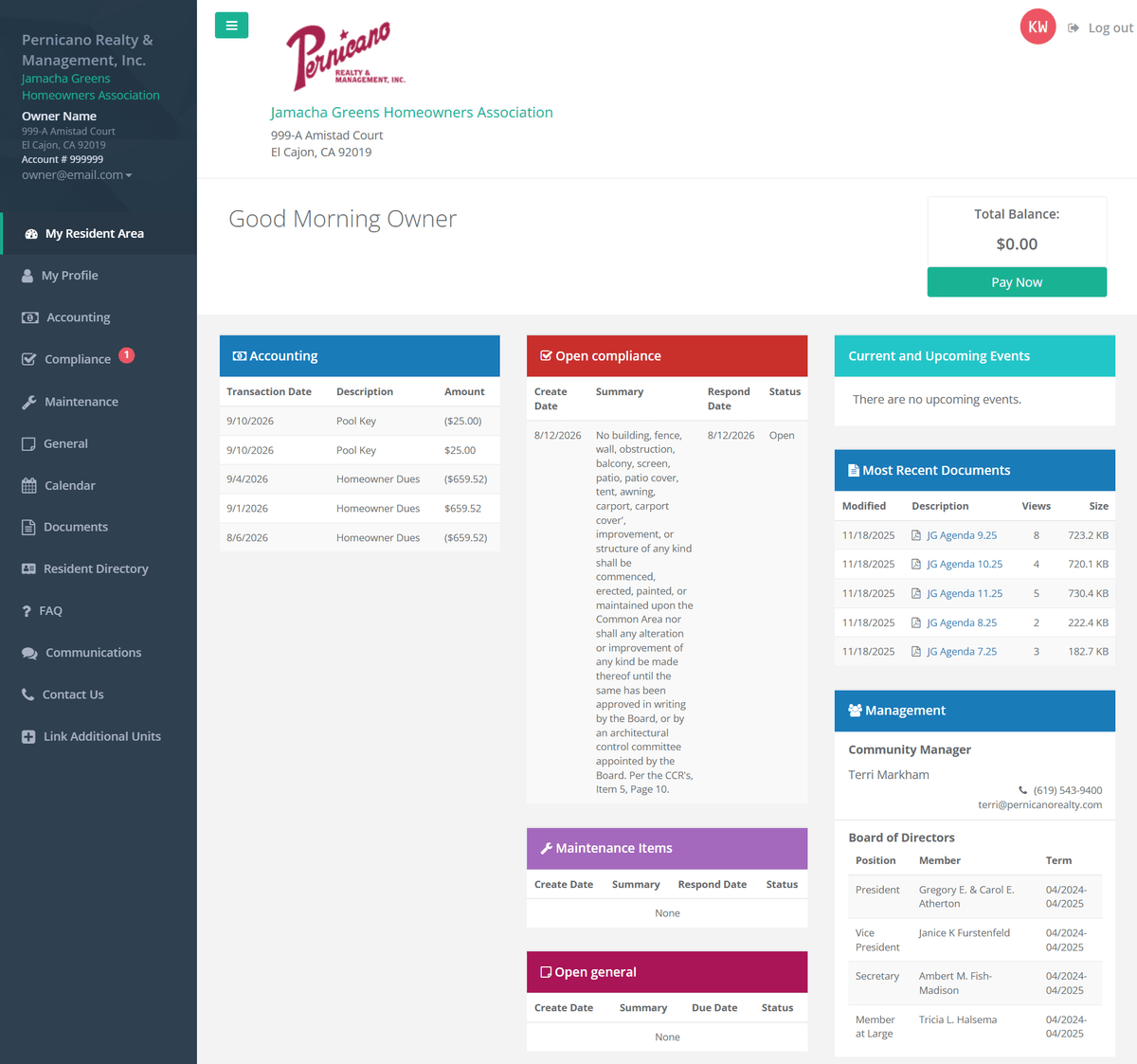 The My Resident Area dashboard of Pernicano's owner portal, with the owner's own name, unit, account number and email replaced by placeholders. A dark left nav lists My Resident Area, My Profile, Accounting, Compliance, Maintenance, General, Calendar, Documents, Resident Directory, FAQ, Communications, Contact Us and Link Additional Units. Cards across the page: Accounting, with the owner's dues lines; Open compliance, with one item dated 8/12/2026 quoting the CC&Rs' architectural clause; Current and Upcoming Events, reading there are no upcoming events; Most Recent Documents, five JG Agenda PDFs all modified 11/18/2025; and Management, naming Terri Markham as Community Manager and a Board of Directors of four rows — Atherton as President, Furstenfeld as Vice President, Fish-Madison as Secretary, Halsema as Member at Large — each with a term of 04/2024 to 04/2025.