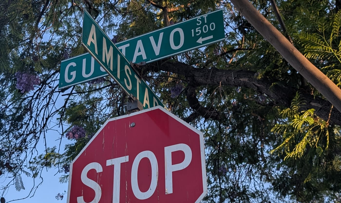 Two green street blades crossing on a single pole, photographed from below against a jacaranda and a clear evening sky. The blade behind reads GUSTAVO ST, block 1500, with an arrow pointing left; the blade crossing in front of it reads AMISTAD, and the suffix at its far end is hidden behind the stop sign mounted below.